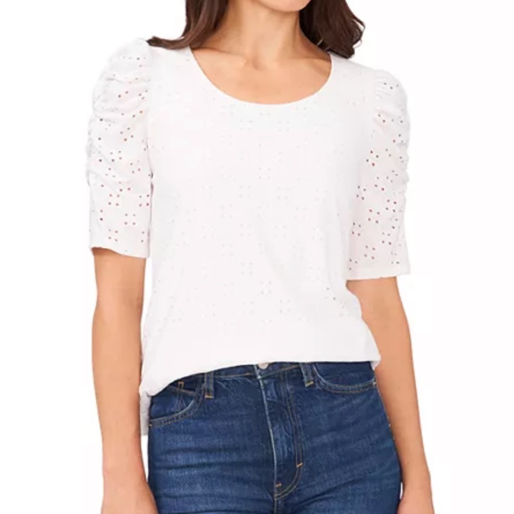 Eyelet Ruched Elbow Sleeve Top